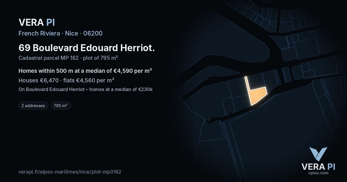 69 Boulevard Edouard Herriot, Nice at night – the plot lit, the parcels around coloured by the prices near them