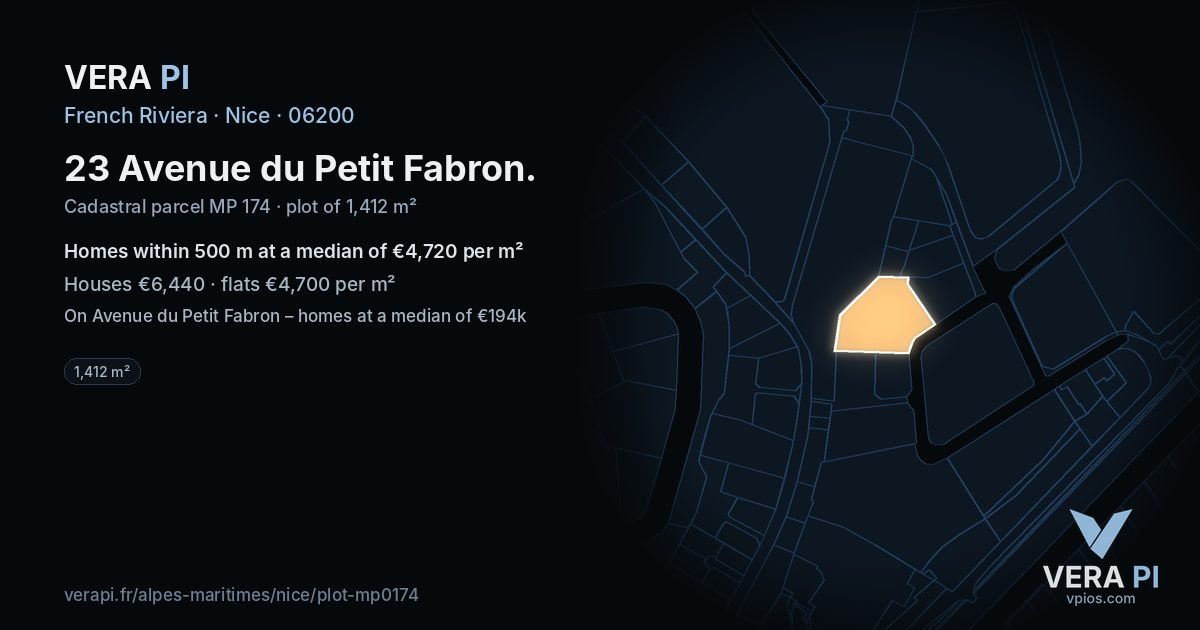 23 Avenue du Petit Fabron, Nice at night – the plot lit, the parcels around coloured by the prices near them