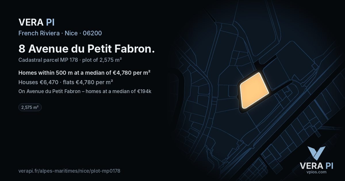8 Avenue du Petit Fabron, Nice at night – the plot lit, the parcels around coloured by the prices near them