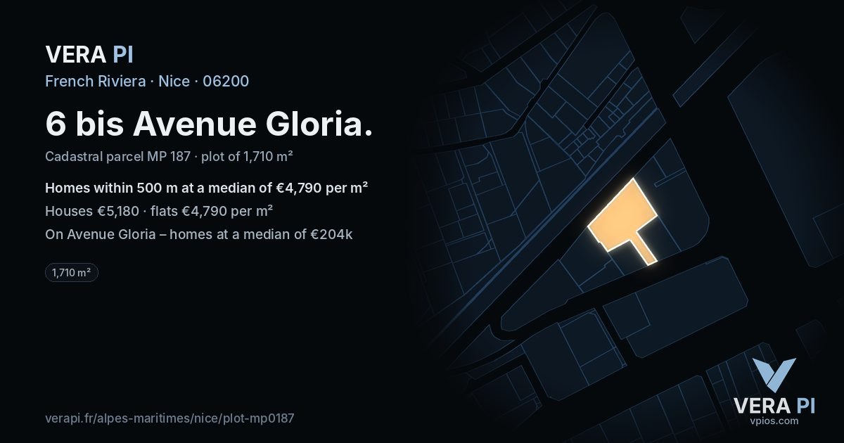 6 bis Avenue Gloria, Nice at night – the plot lit, the parcels around coloured by the prices near them