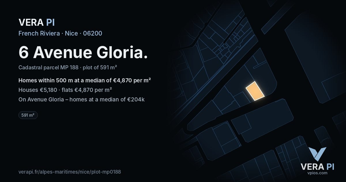 6 Avenue Gloria, Nice at night – the plot lit, the parcels around coloured by the prices near them