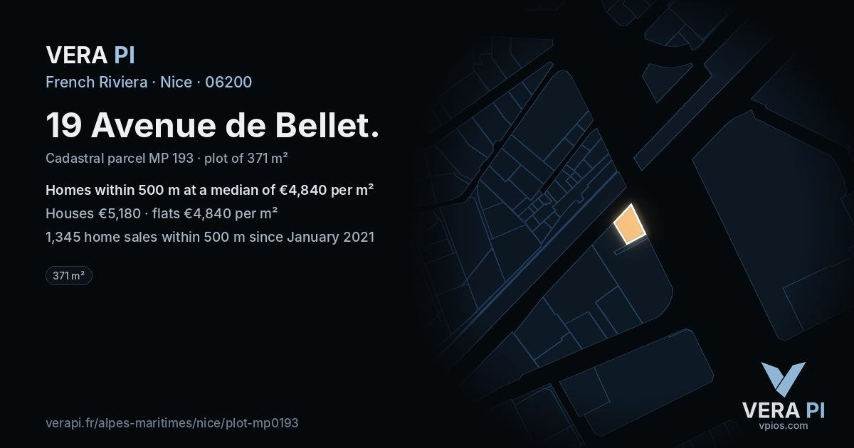19 Avenue de Bellet, Nice at night – the plot lit, the parcels around coloured by the prices near them