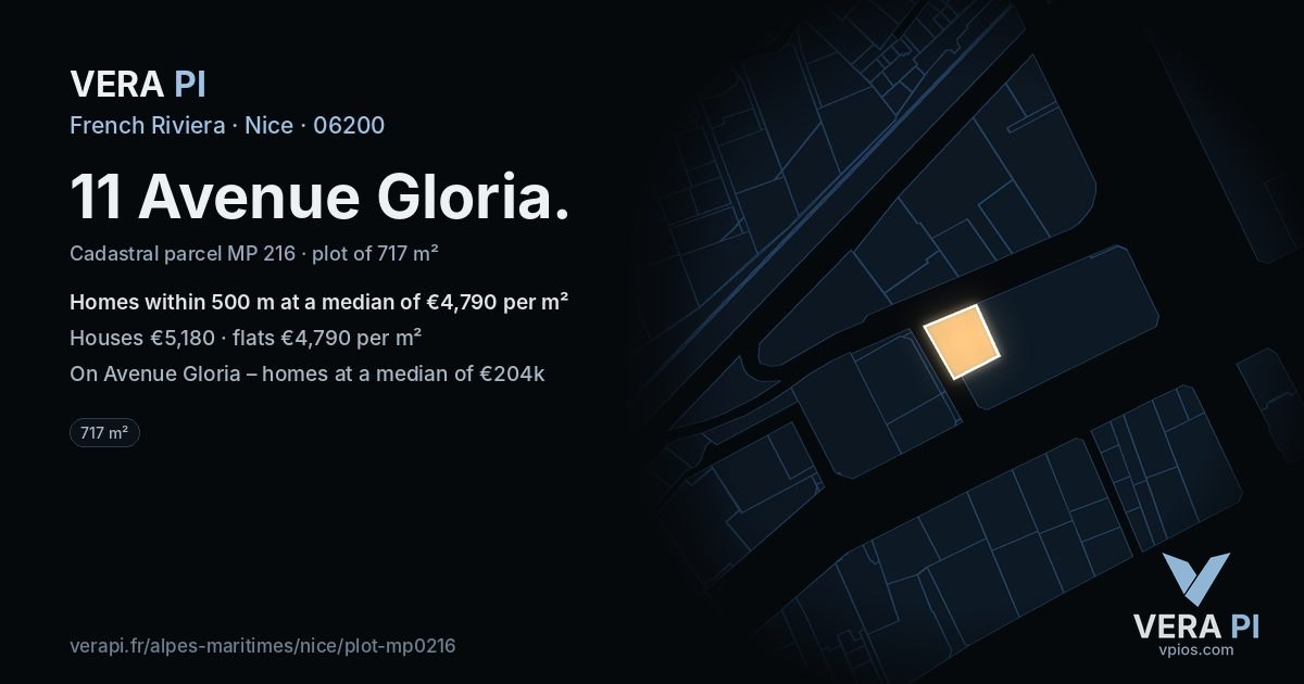 11 Avenue Gloria, Nice at night – the plot lit, the parcels around coloured by the prices near them