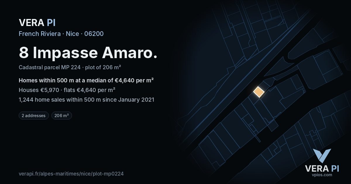 8 Impasse Amaro, Nice at night – the plot lit, the parcels around coloured by the prices near them