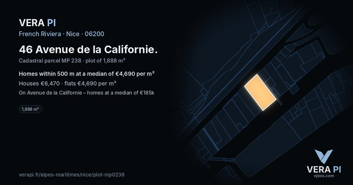 46 Avenue de la Californie, Nice at night – the plot lit, the parcels around coloured by the prices near them