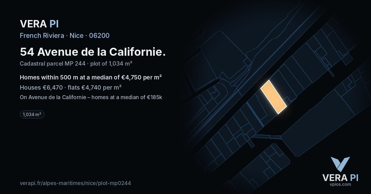 54 Avenue de la Californie, Nice at night – the plot lit, the parcels around coloured by the prices near them
