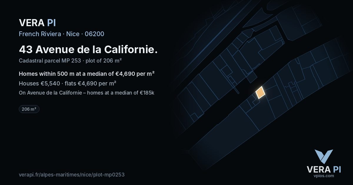 43 Avenue de la Californie, Nice at night – the plot lit, the parcels around coloured by the prices near them