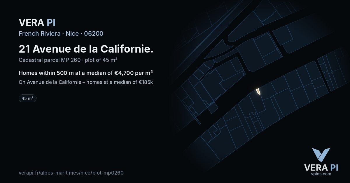 21 Avenue de la Californie, Nice at night – the plot lit, the parcels around coloured by the prices near them