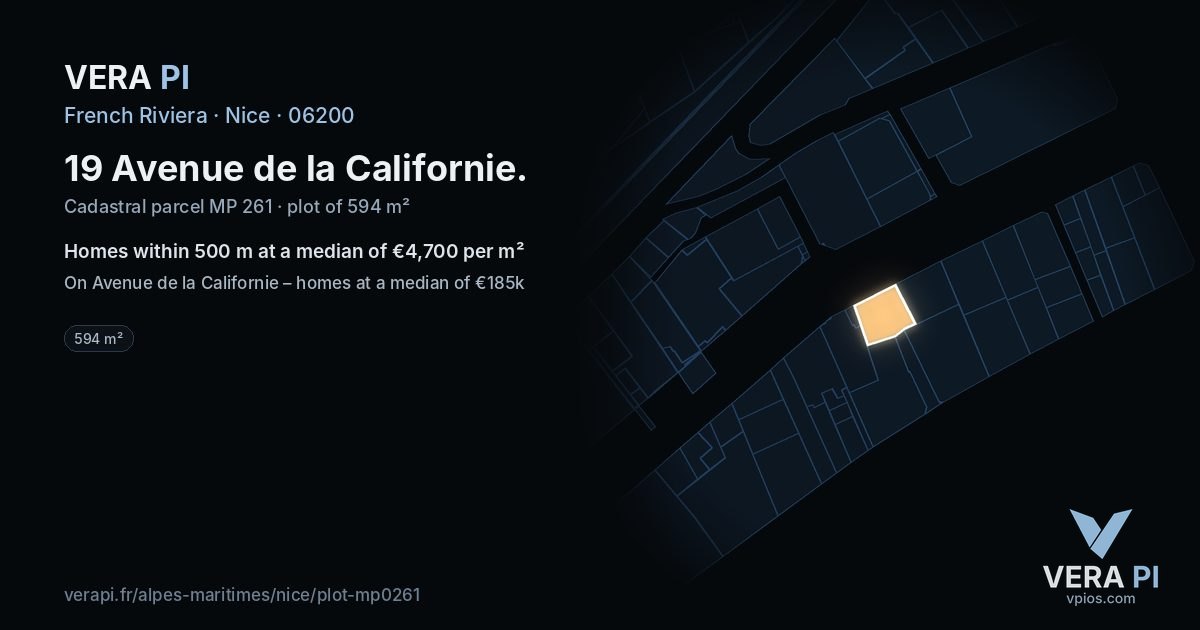 19 Avenue de la Californie, Nice at night – the plot lit, the parcels around coloured by the prices near them