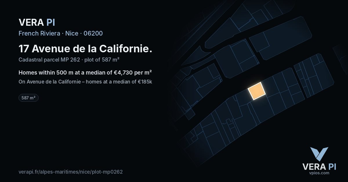 17 Avenue de la Californie, Nice at night – the plot lit, the parcels around coloured by the prices near them