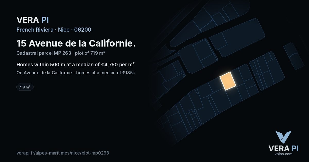 15 Avenue de la Californie, Nice at night – the plot lit, the parcels around coloured by the prices near them