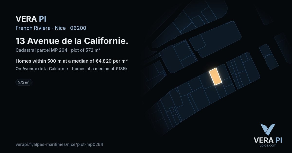 13 Avenue de la Californie, Nice at night – the plot lit, the parcels around coloured by the prices near them