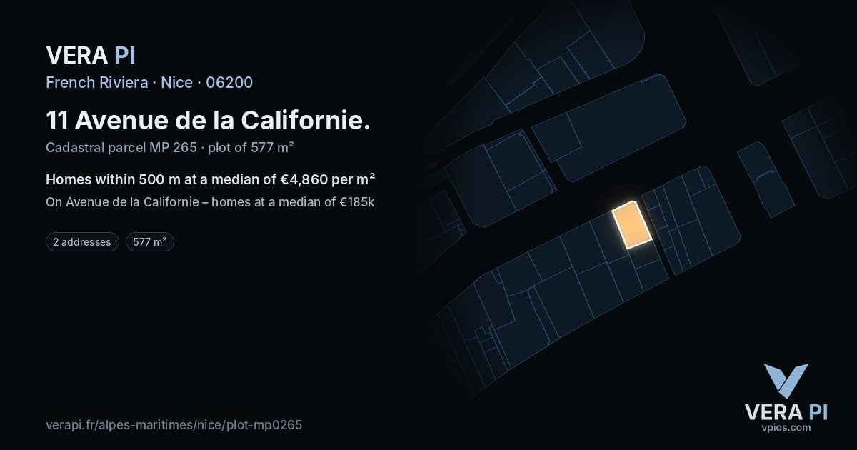 11 Avenue de la Californie, Nice at night – the plot lit, the parcels around coloured by the prices near them