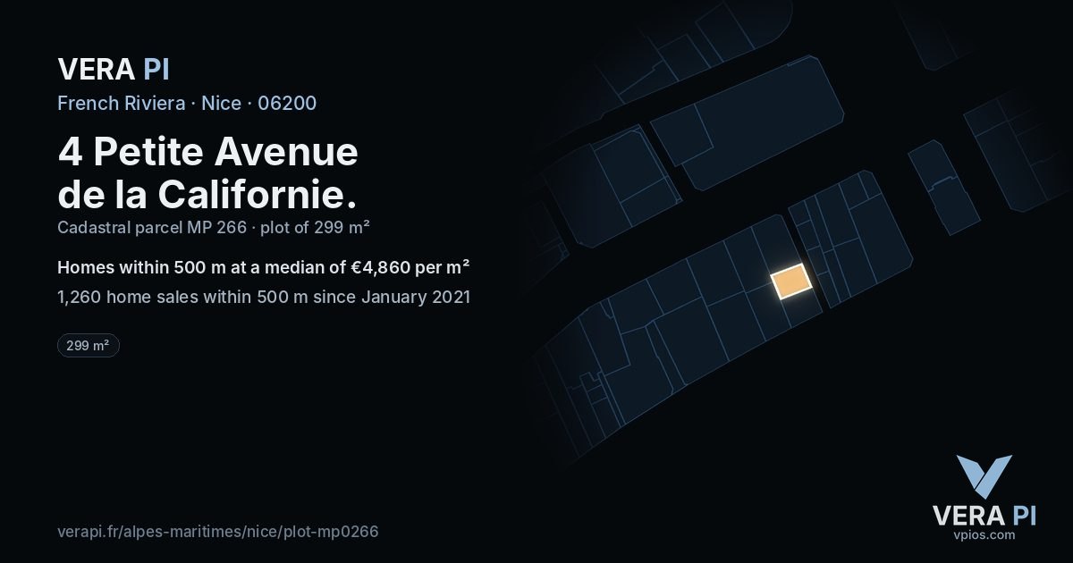 4 Petite Avenue de la Californie, Nice at night – the plot lit, the parcels around coloured by the prices near them