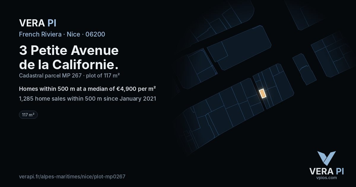 3 Petite Avenue de la Californie, Nice at night – the plot lit, the parcels around coloured by the prices near them