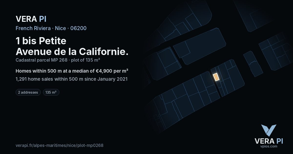 1 bis Petite Avenue de la Californie, Nice at night – the plot lit, the parcels around coloured by the prices near them