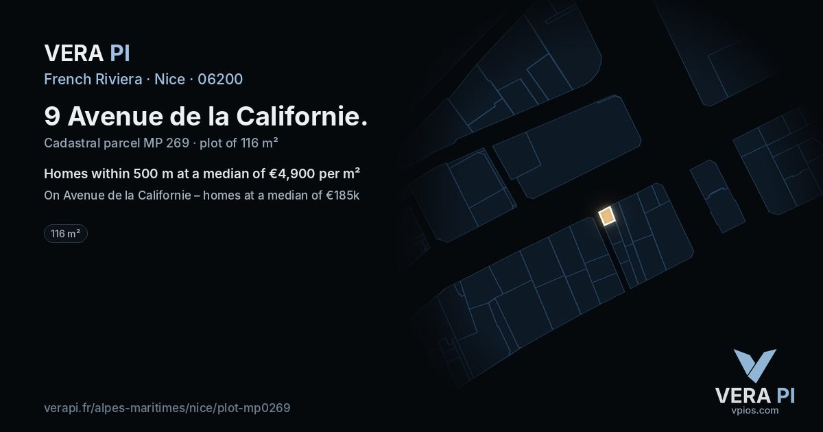 9 Avenue de la Californie, Nice at night – the plot lit, the parcels around coloured by the prices near them
