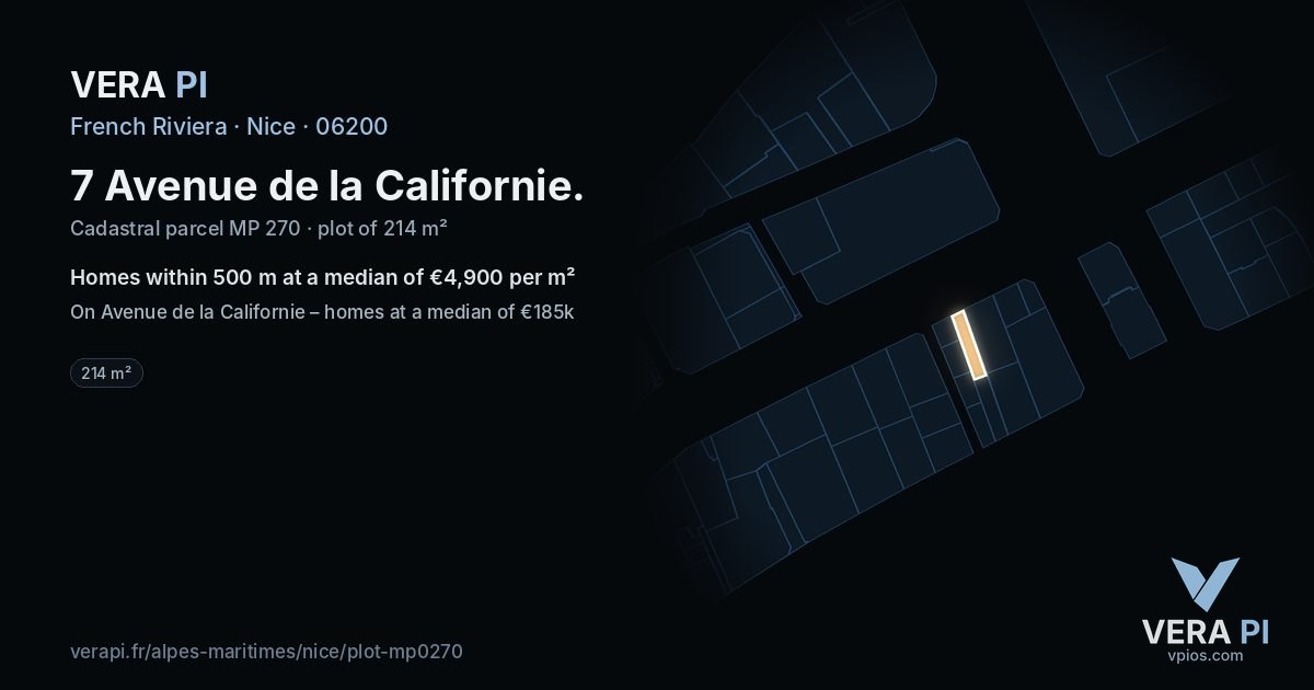 7 Avenue de la Californie, Nice at night – the plot lit, the parcels around coloured by the prices near them