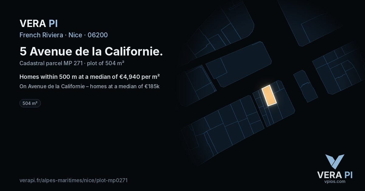 5 Avenue de la Californie, Nice at night – the plot lit, the parcels around coloured by the prices near them