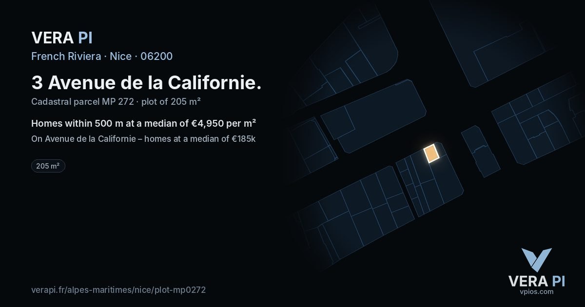 3 Avenue de la Californie, Nice at night – the plot lit, the parcels around coloured by the prices near them