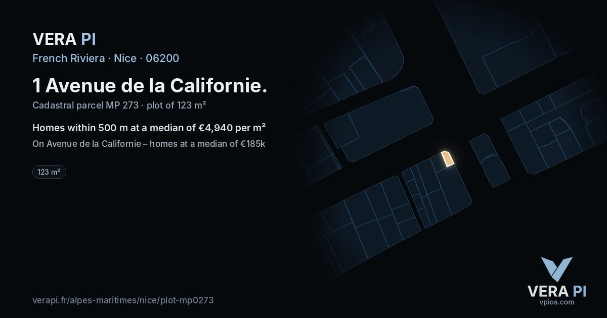 1 Avenue de la Californie, Nice at night – the plot lit, the parcels around coloured by the prices near them