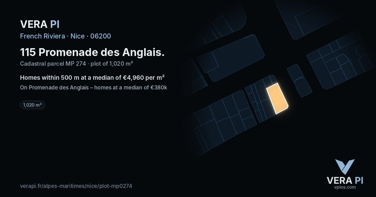 115 Promenade des Anglais, Nice at night – the plot lit, the parcels around coloured by the prices near them
