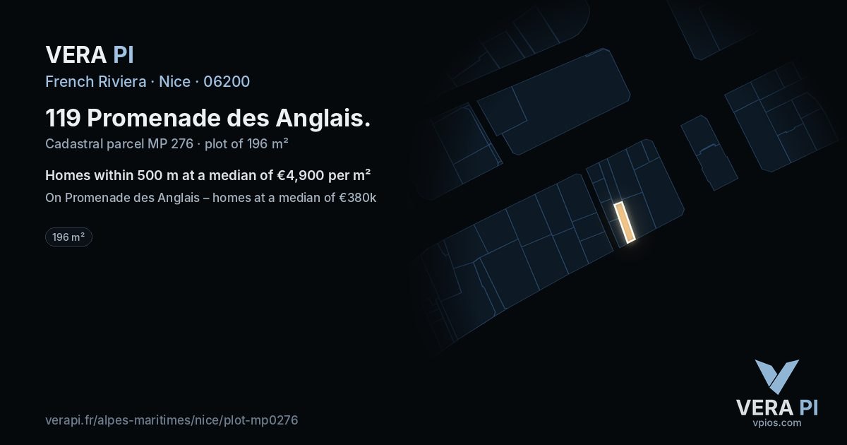 119 Promenade des Anglais, Nice at night – the plot lit, the parcels around coloured by the prices near them