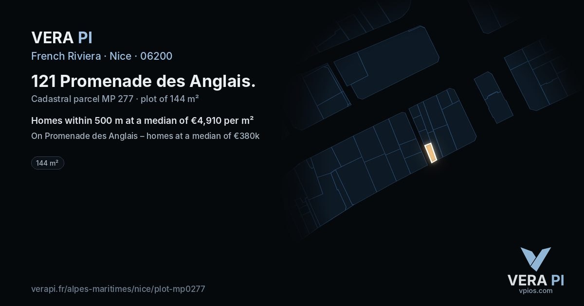 121 Promenade des Anglais, Nice at night – the plot lit, the parcels around coloured by the prices near them