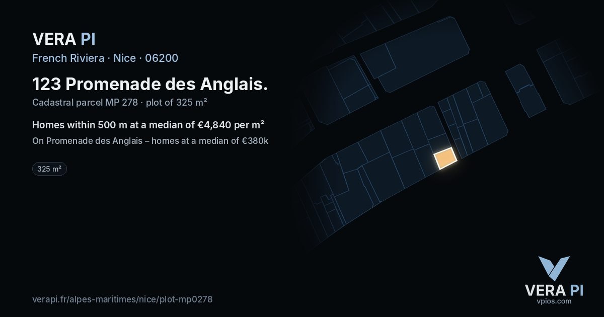 123 Promenade des Anglais, Nice at night – the plot lit, the parcels around coloured by the prices near them