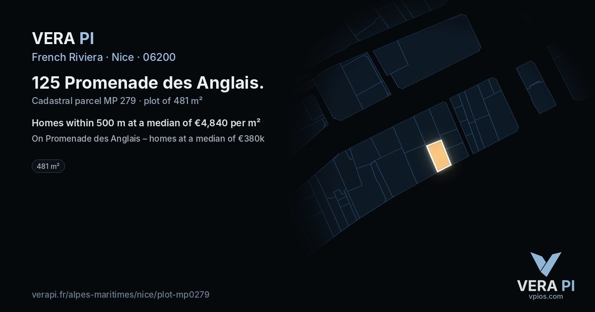 125 Promenade des Anglais, Nice at night – the plot lit, the parcels around coloured by the prices near them