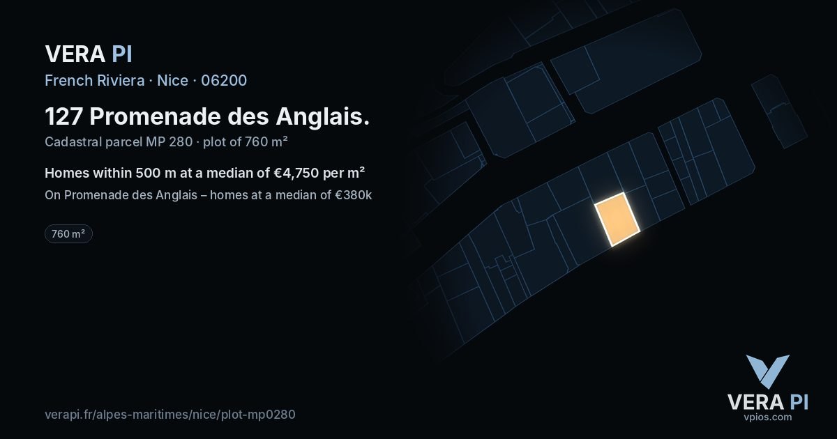127 Promenade des Anglais, Nice at night – the plot lit, the parcels around coloured by the prices near them