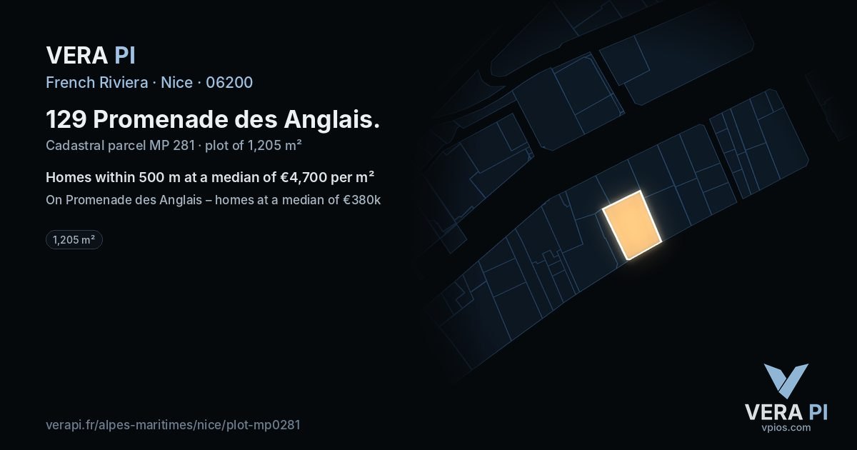 129 Promenade des Anglais, Nice at night – the plot lit, the parcels around coloured by the prices near them