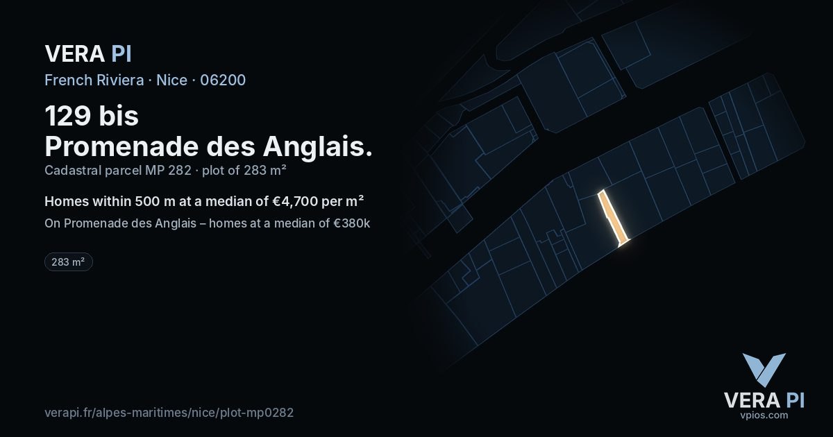 129 bis Promenade des Anglais, Nice at night – the plot lit, the parcels around coloured by the prices near them