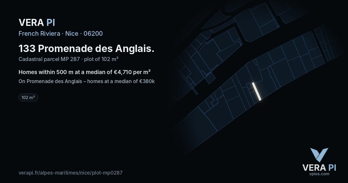 133 Promenade des Anglais, Nice at night – the plot lit, the parcels around coloured by the prices near them