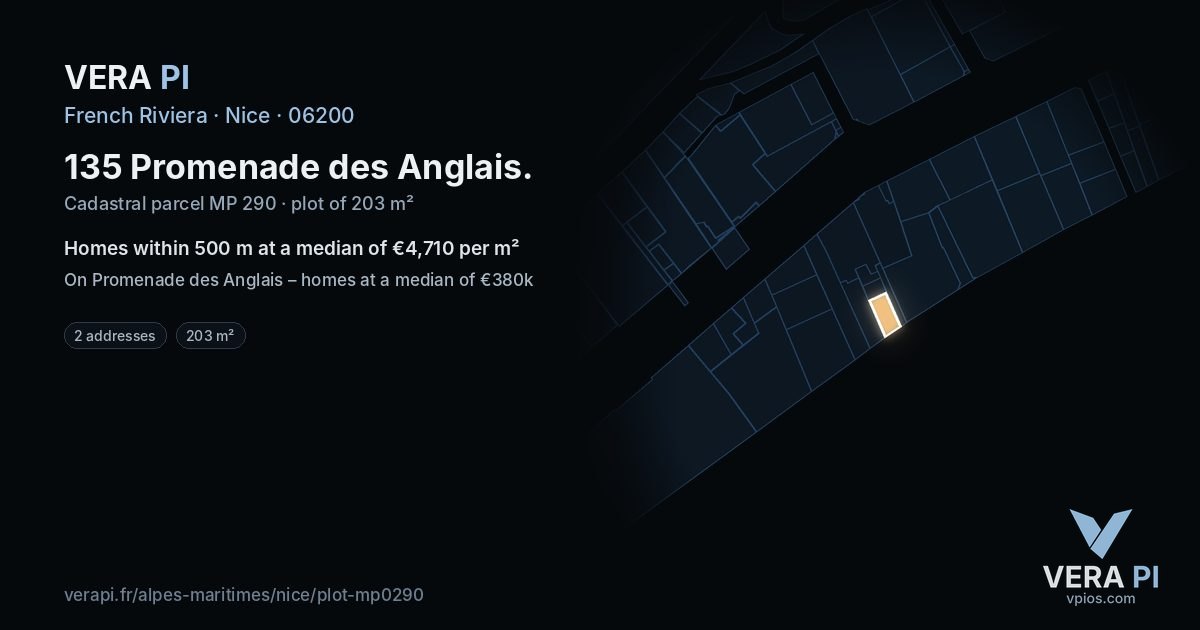 135 Promenade des Anglais, Nice at night – the plot lit, the parcels around coloured by the prices near them