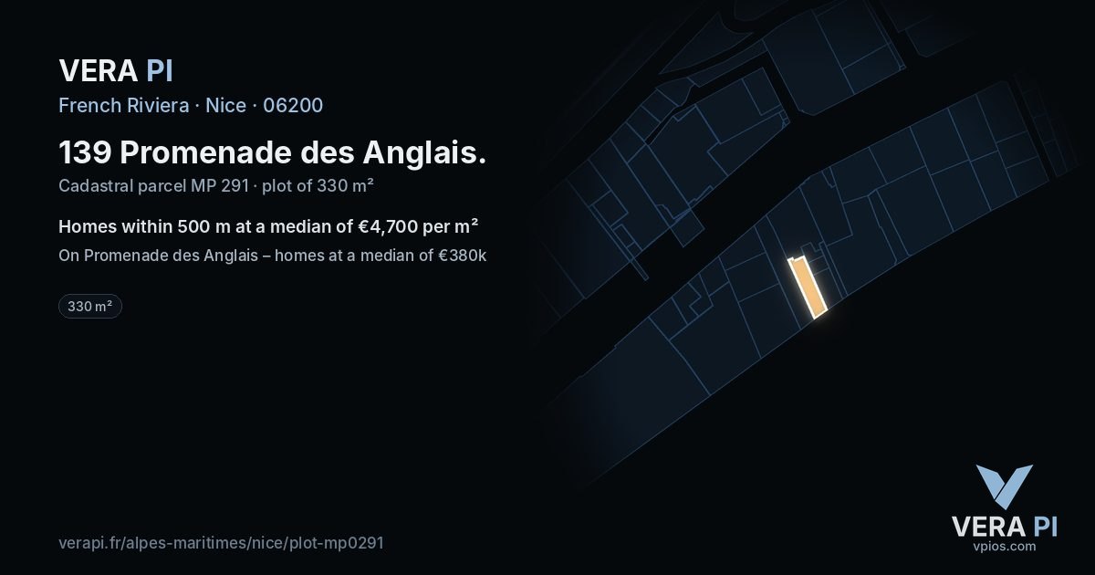 139 Promenade des Anglais, Nice at night – the plot lit, the parcels around coloured by the prices near them