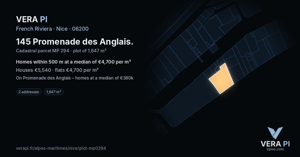 145 Promenade des Anglais, Nice at night – the plot lit, the parcels around coloured by the prices near them