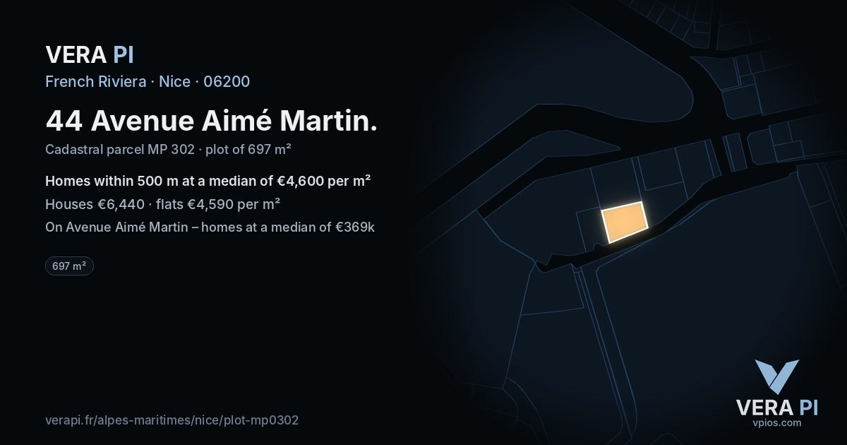 44 Avenue Aimé Martin, Nice at night – the plot lit, the parcels around coloured by the prices near them