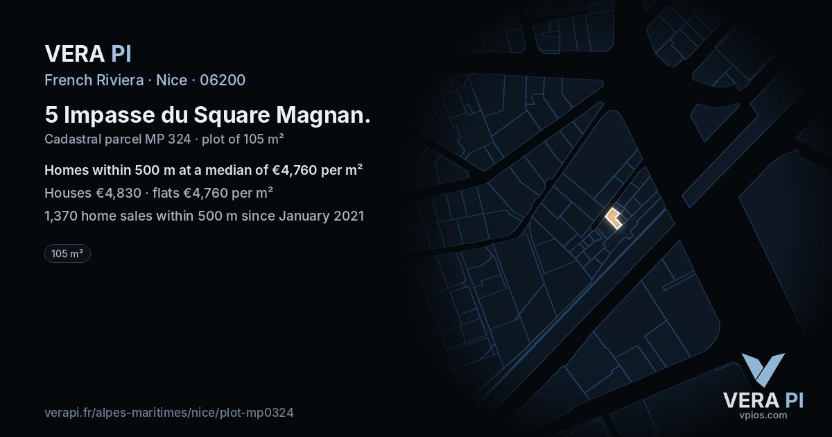 5 Impasse du Square Magnan, Nice at night – the plot lit, the parcels around coloured by the prices near them