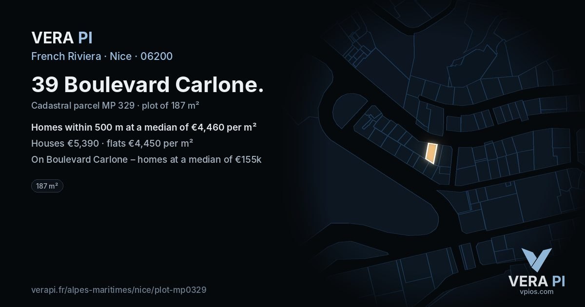 39 Boulevard Carlone, Nice at night – the plot lit, the parcels around coloured by the prices near them