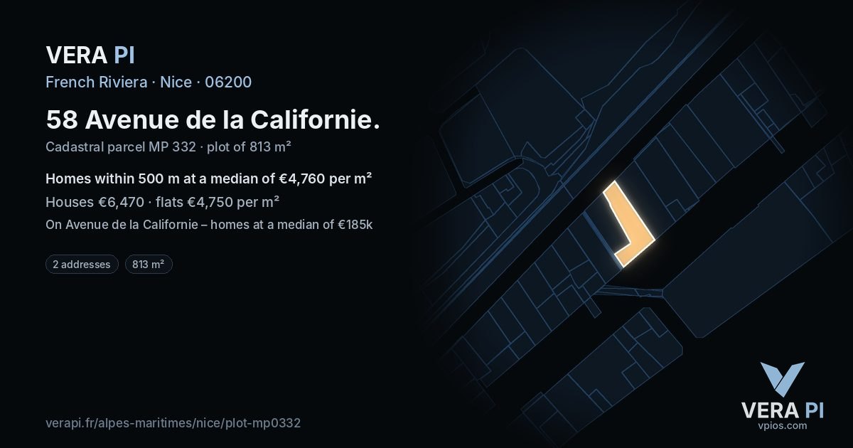 58 Avenue de la Californie, Nice at night – the plot lit, the parcels around coloured by the prices near them