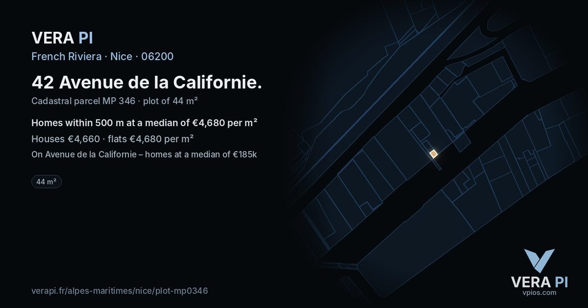 42 Avenue de la Californie, Nice at night – the plot lit, the parcels around coloured by the prices near them