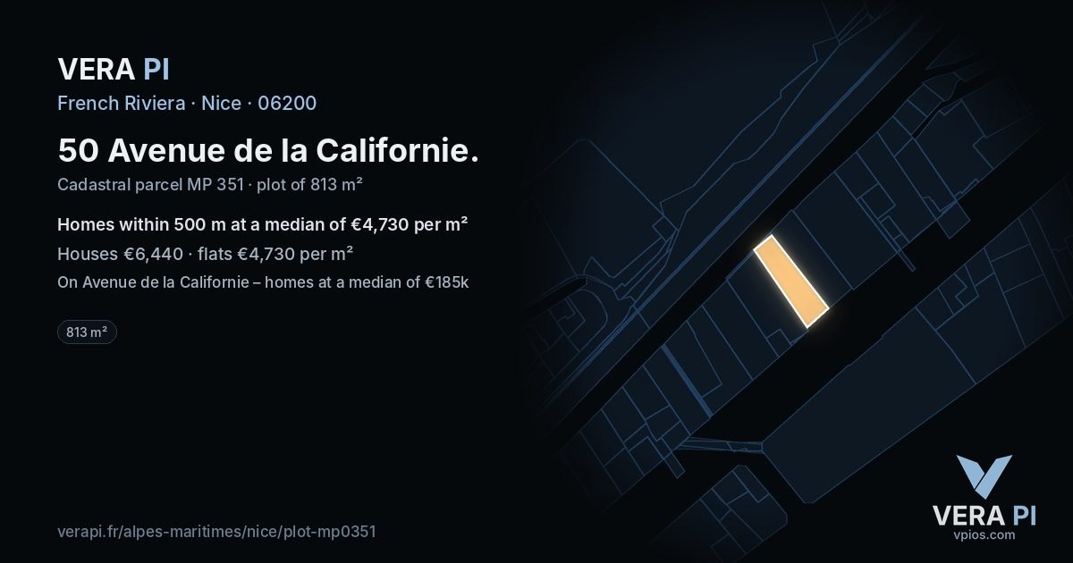 50 Avenue de la Californie, Nice at night – the plot lit, the parcels around coloured by the prices near them
