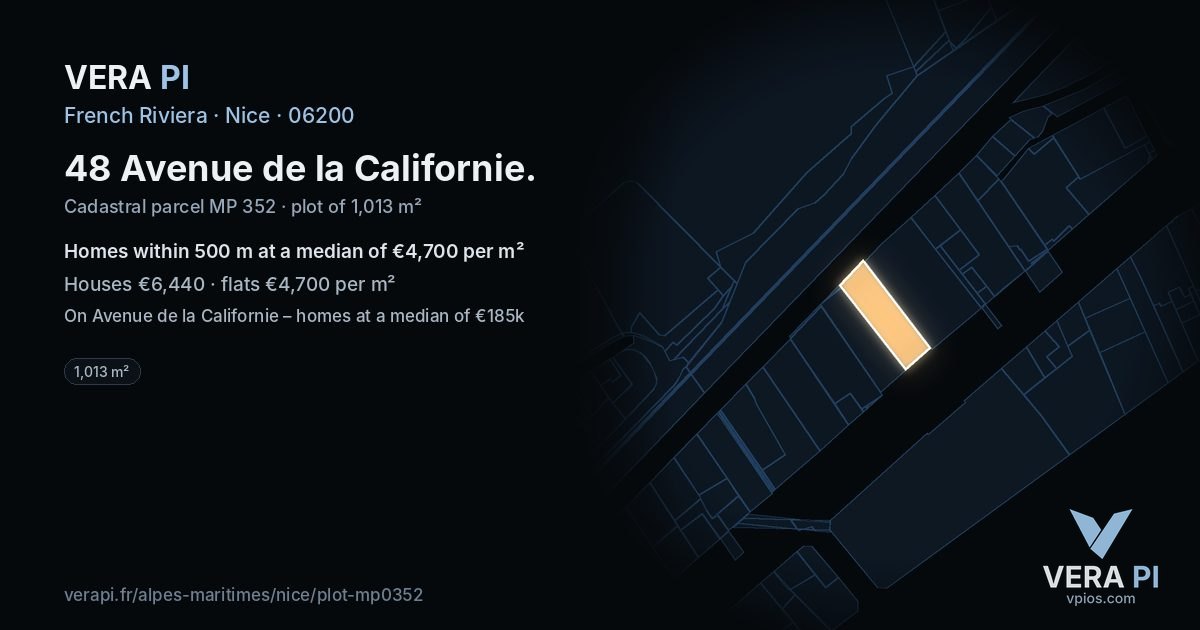 48 Avenue de la Californie, Nice at night – the plot lit, the parcels around coloured by the prices near them
