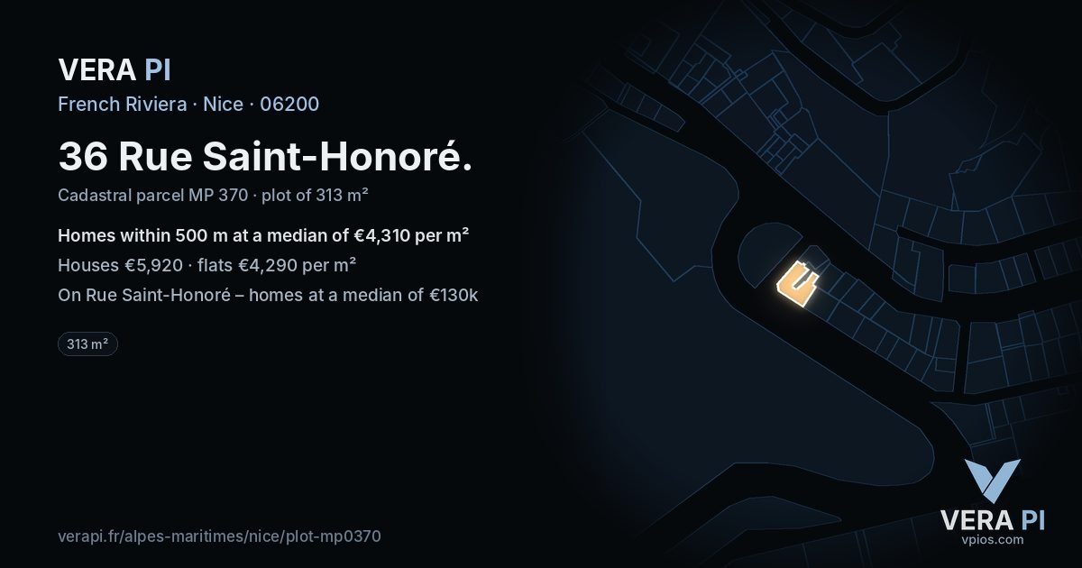 36 Rue Saint-Honoré, Nice at night – the plot lit, the parcels around coloured by the prices near them