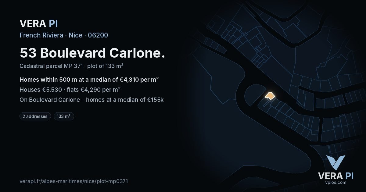 53 Boulevard Carlone, Nice at night – the plot lit, the parcels around coloured by the prices near them