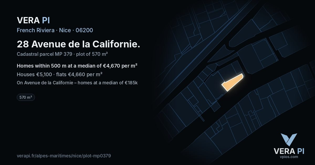 28 Avenue de la Californie, Nice at night – the plot lit, the parcels around coloured by the prices near them