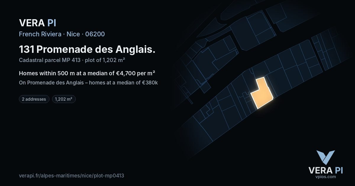 131 Promenade des Anglais, Nice at night – the plot lit, the parcels around coloured by the prices near them