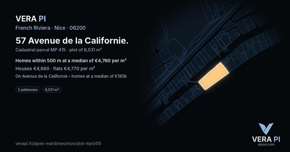 57 Avenue de la Californie, Nice at night – the plot lit, the parcels around coloured by the prices near them