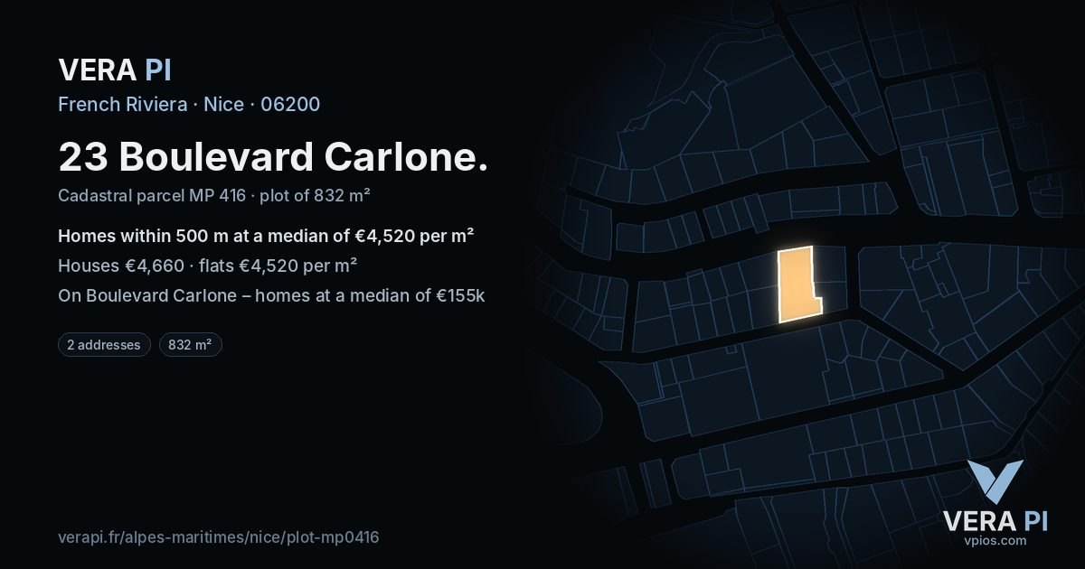 23 Boulevard Carlone, Nice at night – the plot lit, the parcels around coloured by the prices near them